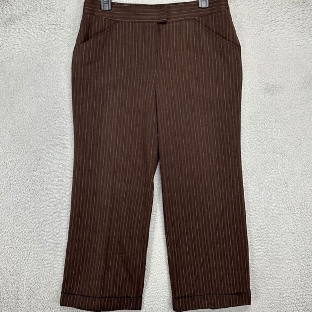 Max Studio Dress Pants Womens 8 Brown Pinstripe Ankle Flat Front Stretch NEW